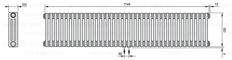 Схема (чертеж) Радиатор Zehnder Charleston 3050/38 №5410 Белый глянцевый RAL 9016